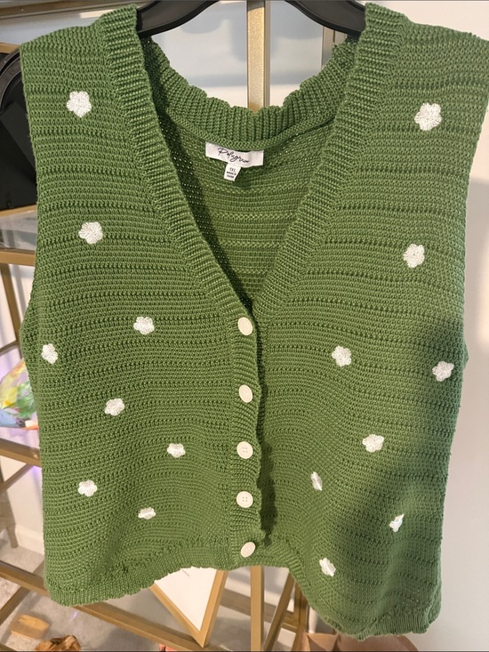Sweaters - Polagram Olive Green Cropped Knit Vest with White Dot Details